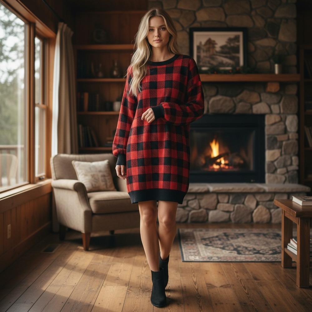 VICI Sweater Dress Womens Large Red Black Buffalo Plaid Long Sleeve Mini Knit